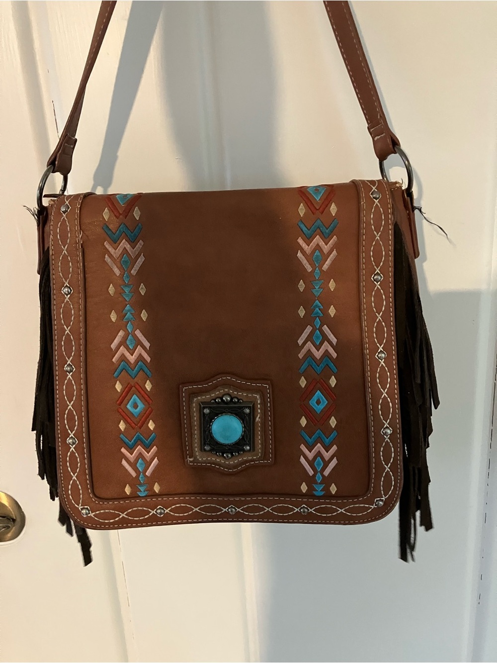 Brown Embroidered Aztec Crossbody Bag with Turquoise Accent and Fringe